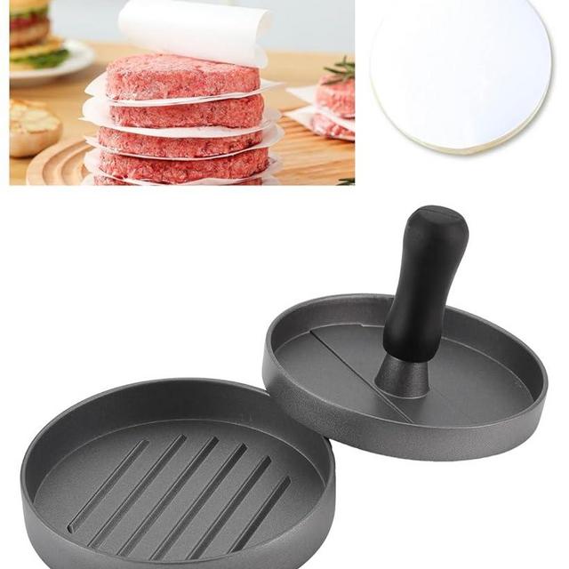 HOULIME Burger Press with 100 Patty Papers, 4.5 inch Diameter Non-Stick Cast Aluminum Hamburger Maker Mold for Kitchen & BBQ