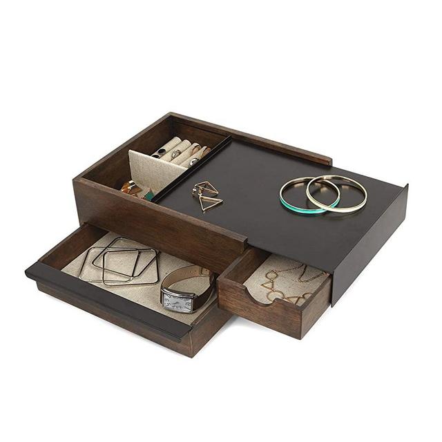 Umbra 290245-048 Stowit Jewelry Box - Modern Keepsake Storage Organizer with Hidden Compartment Drawers for Ring, Bracelet, Watch, Necklace, Earrings, and Accessories (Black / Walnut),Black/Walnut