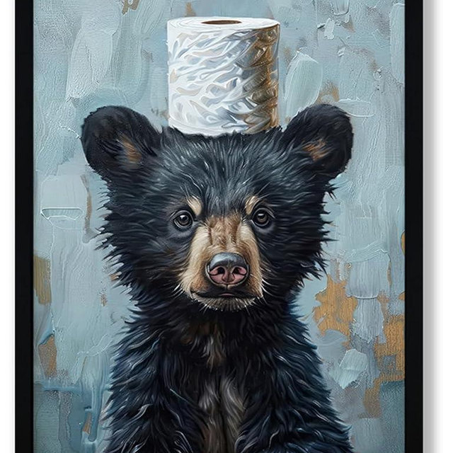 Framed Cute Black Bear Bathroom Canvas Wall Art Decor, Funny Animal Bathroom Decor Adorable Bear with Toilet Paper Picture Prints Modern Nursery Humor Wall Decor Ready to Hang 16'' x 12''
