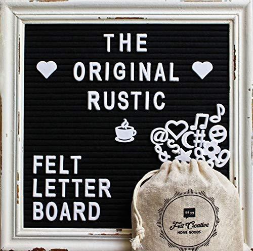 Black Felt Letter Board with Rustic White Wood Farmhouse Vintage Frame and Stand by Felt Creative Home Goods | 10x10 Inch Antique Changeable Message Board 350 White Alphabet Letters, Numbers, Emojis