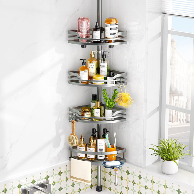 Aoibox Adjustable Shower Caddy Tension Pole with 4-Tier Rustproof Corner Shelf, Large Capacity Bathroom Organizer for Shampoo & Toiletries