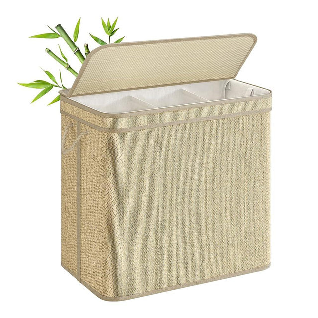 SONGMICS 3-Section Laundry Hamper With Lid, 44.9 Gal (170 L) Large Laundry Basket With 3 Removable Machine Washable Fabric Bag, Bamboo Clothes Hamper, Handles, for Bathroom, Natural Color ULCB069Y01