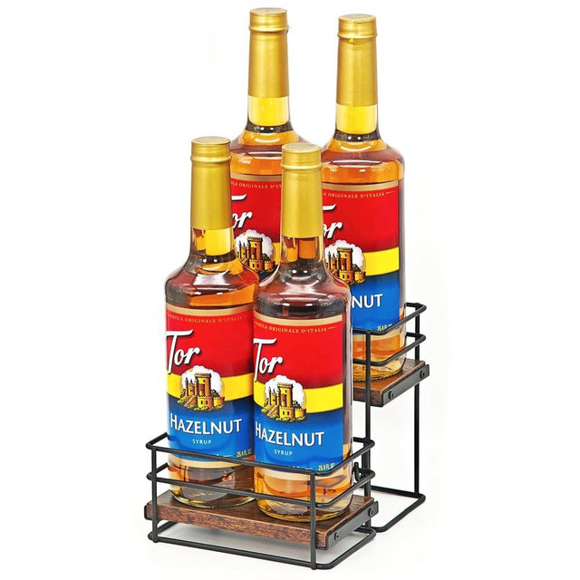 4 Bottle Coffee Syrup Organizer Rack, 2 Tier Coffee Syrup Bottle Stand Holder for Coffee Bar, Installation-free, Liquor Bottle Display Shelf, Coffee Syrup Shelf for Liquor Whiskey Wine Display