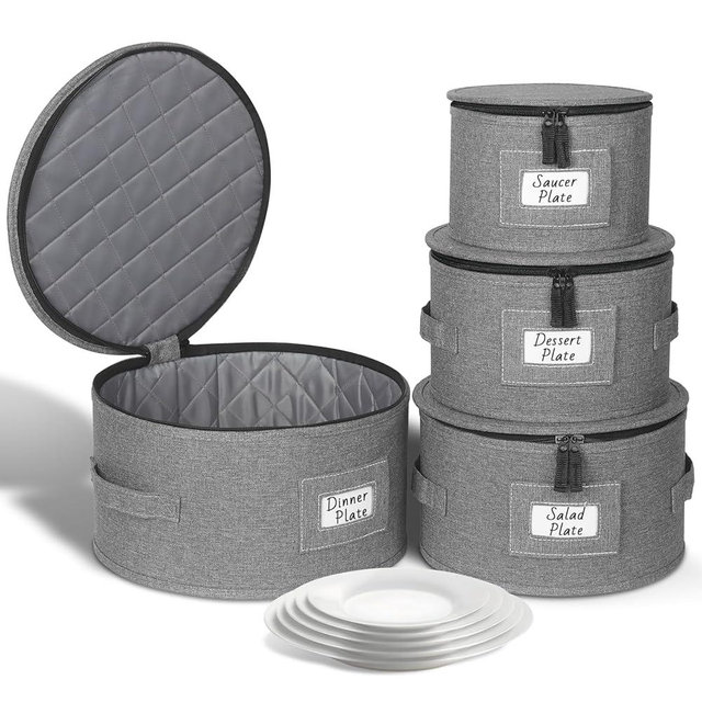 Kukikan China Storage Containers, 4PCS Hard Shell Dish Storage Containers with Felt Dividers for Charger Plates Dinnerware, Moving Boxes for Dishes, Stackable Plate Storage Cases for 12 Place Setting