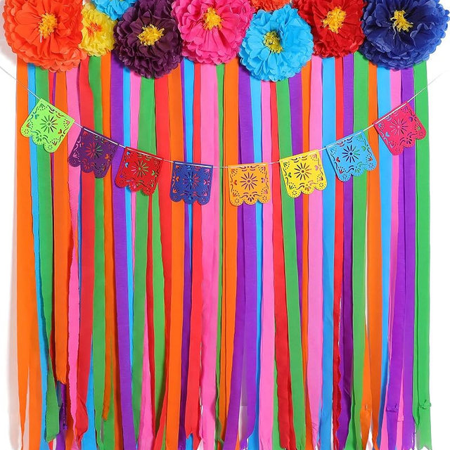 TaoBary 16 Pcs Mexican Paper Flowers Mexico Party Decorations Streamer Photobooth Props Backdrop and Papel Picado Banner Fiesta Party Decor Supplies Set for Cinco De Mayo Wedding(Bright Style)