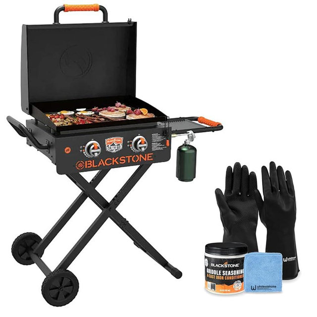 22 inch Blackstone Griddle with Hood and Grill Stand, Foldable Outdoor Flat Top Grill Propane Portable Gas Grill for Camping and BBQ Grill with Blackstone Seasoning, and Wholesalehome Gloves and Cloth