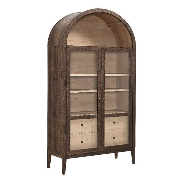 Modway Nolan Tall Arched Storage Display Cabinet in Walnut Light Oak - 74 Inch Arch Bookshelf with Glass Doors, Shelves and Drawers - Modern Accent Cabinet for Living Room, Dining Room
