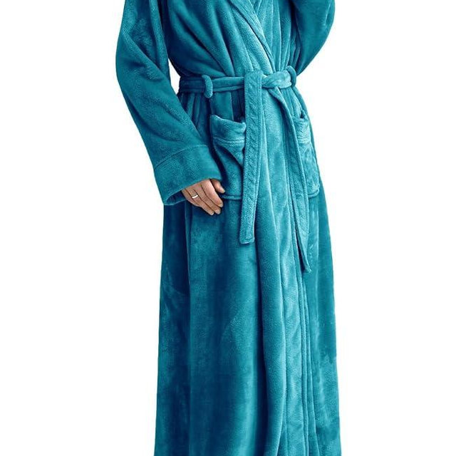 Flygo Womens Fuzzy Plush Long Hooded Robe Full Length Flannel Fleece Bathrobe Warm Housecoat