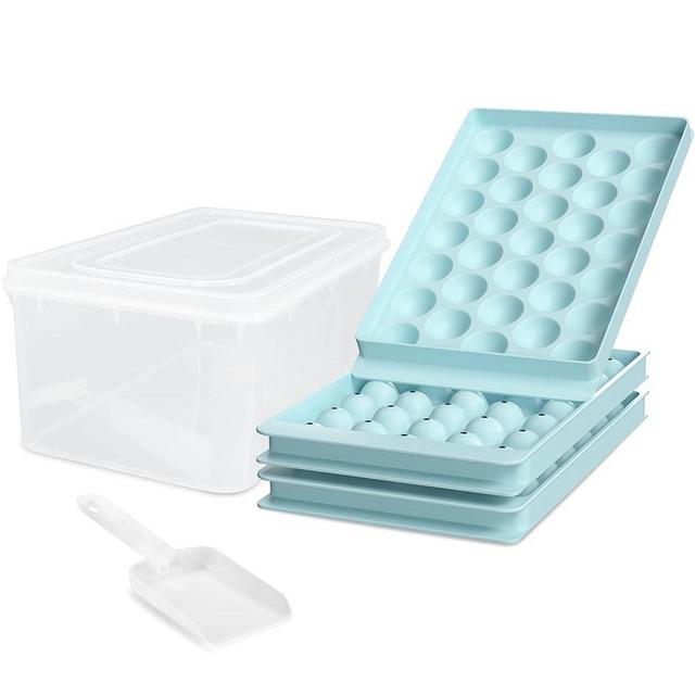 Round Ice Cube Trays for Freezer with Cover & Bin, Small Circle Ice Ball Maker Mold, Ice Tray for Cocktail & Whiskey (3 Sphere Trays & 1 Container & 1 Scoop)