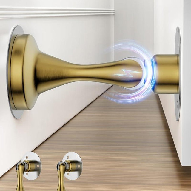 Door Stoppers Magnetic Door Catch - 2 Pack Stainless Steel Heavy Duty Door Stops for Bottom of Door, Wall & Floor Mounting No-Drill Strong Adhesive & Screws, Strong Door Holder to Keep Door Open,Gold