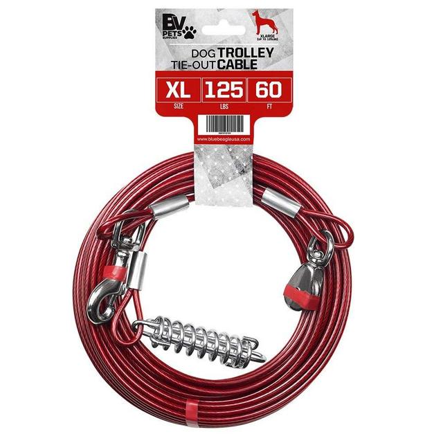 BV Dog Tie Out Cable 60 Feet - Heavy Duty Dog Lead Up to 125 Pounds with Trolley System - Reflective, Rust-Free, Quick Release Swivel Clips & Shock Spring, Tangle-Free Dogs Runner for Yard(Red Single)