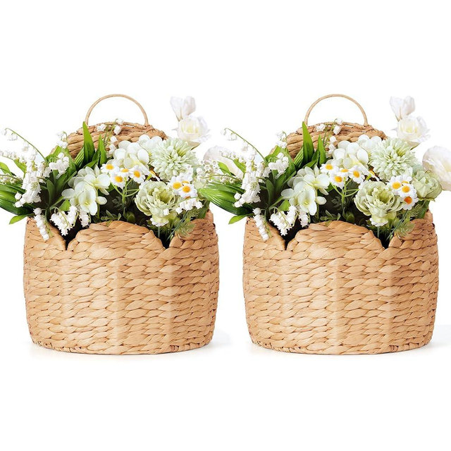 2 PC Door Basket Scalloped Hanging Storage Basket,Water Hyacinth Woven Wall Baskets for Front Door Decor, Hangable Storage Organize for Flowers,Planter,Mails,Wicker Baskets for Organizing Garden - L*2
