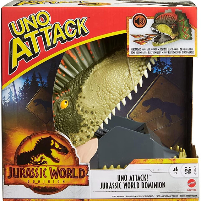 UNO Attack Jurassic World Dominion Card Game with Dinosaur Card Launcher for 2 to 10 Players Ages 7 Years & Older, Toy Gift and Collectible