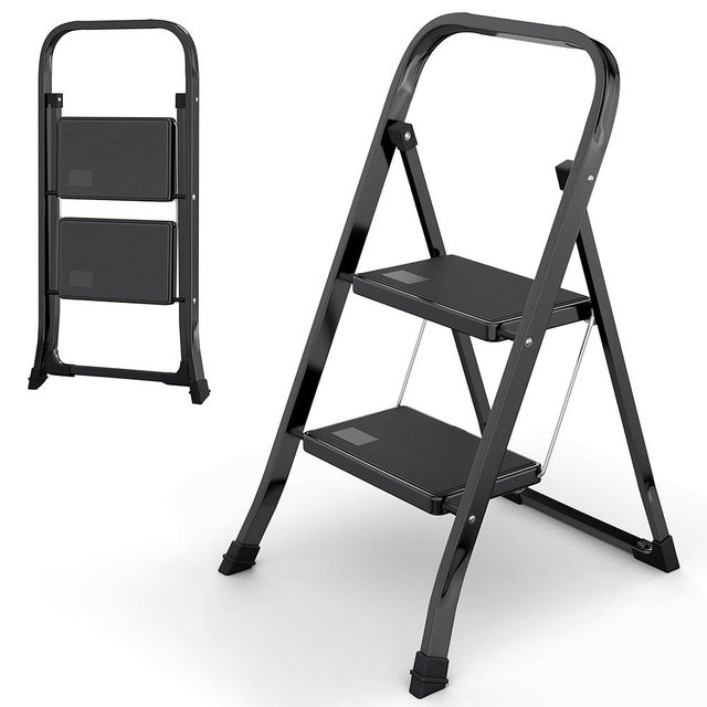 2-Step Ladder with Wide Anti-Slip Platform & Thick Rubber Feet | Heavy Duty Foldable & Portable | 330 lbs Capacity, Steel Frame, Rubber Handgrip, Folding Step Stool