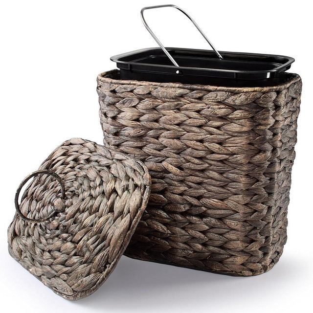 Tidita Wicker Waste Basket - Wicker Trash Can with Lid - Water Hyacinth Bathroom Garbage Can with a Lid - Bathroom Trash Can Boho Style - Removable Liner, Iron Frame (Black, 2 Gallons)
