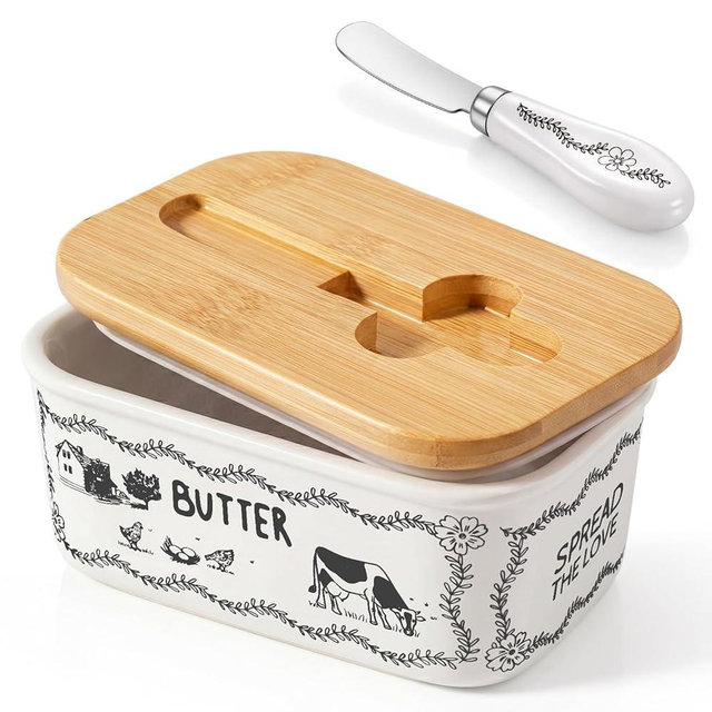 Acellegic Butter Dish with Lid and Knife 6.3" Large Butter Dish for Countertop "spread the Love" Countryside White and Black Ceramic Container with Bamboo Lid and Silicone Seal for Home Kitchen Gift
