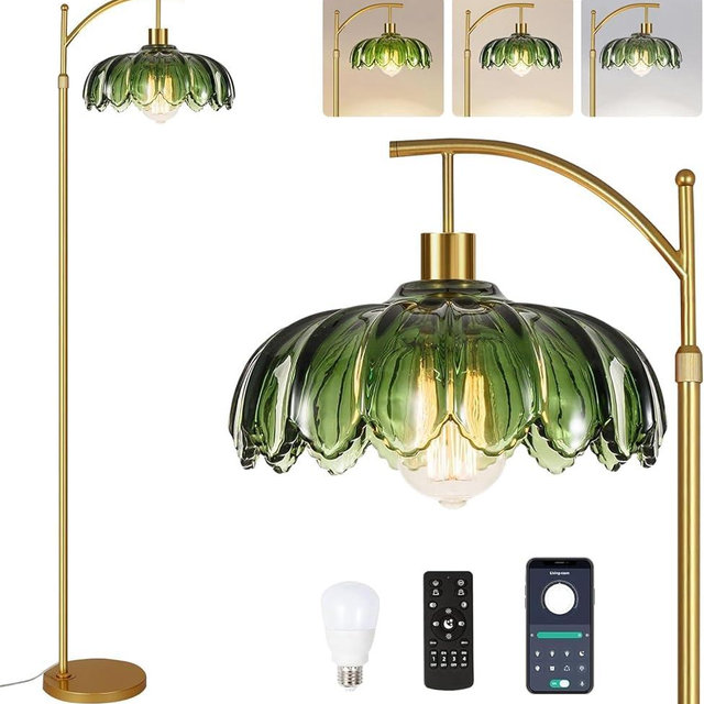 HTTDZM Glass Floor Lamp for Living Room,Bedroom,Mid Century Modern Standing Lamp with Remote,Dimmable Gold Tall Lamp Green Vintage Retro Arc Flower Floor Light Boho Bohemian