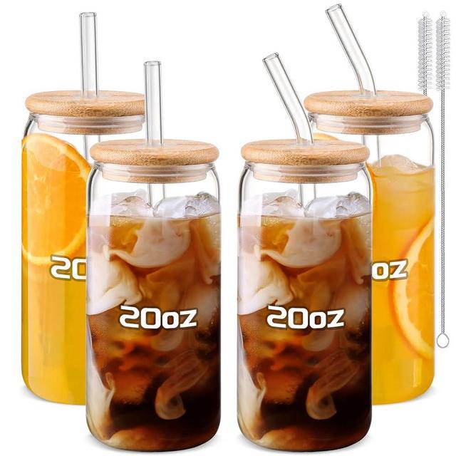 Glass Cups “20oz”,Glass Cups with Lids and Straws 4pcs-DWTS Coffee cups,Drinking glasses set,Glass tumbler with straw and lid gift 2 Cleaning Brushes