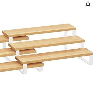 SONGMICS Display Risers, Set of 2 Engineered Wood Perfume Organizer Stand, 3-Tier Cupcake Stand Holder, Spice Rack, Shelf Risers for Figures, Dessert Shelves, Natural Beige and Ink Black UKCS016N01