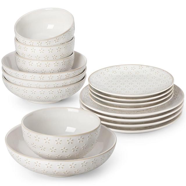 vancasso 16 piece white five-leaf flower embossed ceramic tableware set includes 4 dinner plates/dessert plates/pasta/cereal bowls