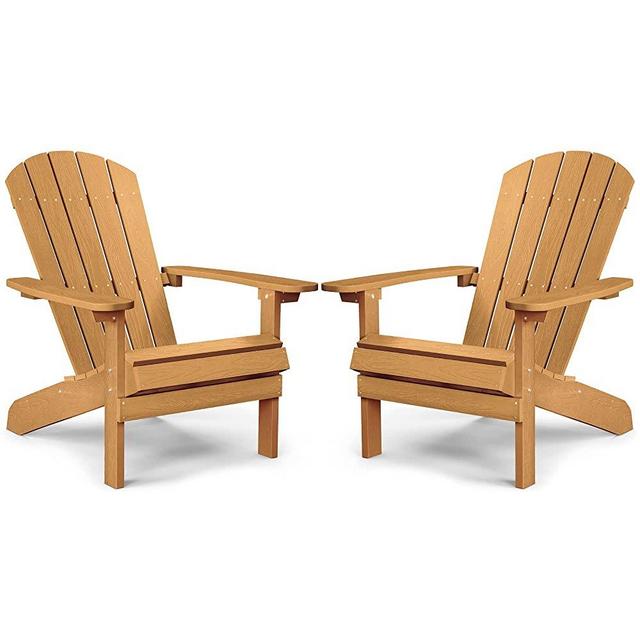 Adirondack Chairs Set of 2 Plastic Weather Resistant, Outdoor Chairs 5 Steps Easy Installation, Like Real Wood, Widely Used in Outdoor, Patio, Lawn, Fire Pit, Deck, Outside, Garden Chairs (Teak)