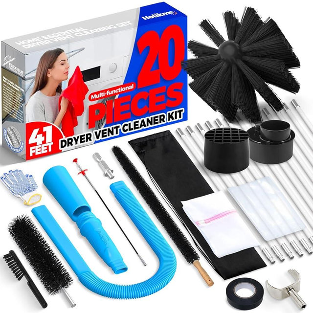 Holikme 41feet Dryer Vent Cleaner Kit Dryer Cleaning Tool Include Dryer Vent Brush, Omnidirectional Blue Dryer Lint Vacuum Attachment Dryer Lint Trap Brush, Vacuum & Dryer Adapters