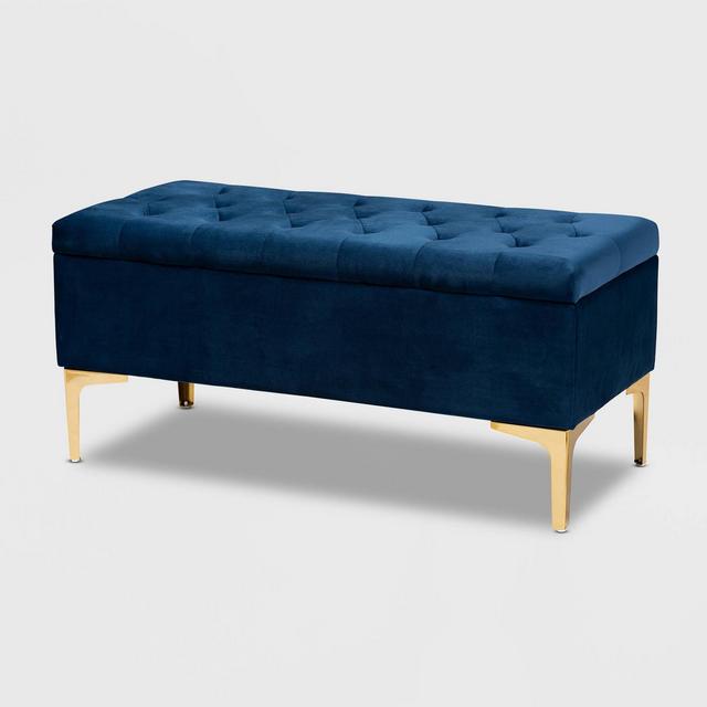 Valere Velvet Upholstered Button Tufted Storage Ottoman Blue/Gold - Baxton Studio