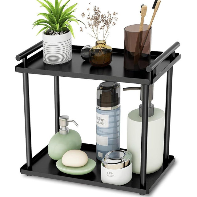 2 Tier Bathroom Organizer Countertop, Bathroom Counter Organizer, Small Vanity Shelf Skin Care Countertop Organizers and Storage Makeup for Dresser, (Black)