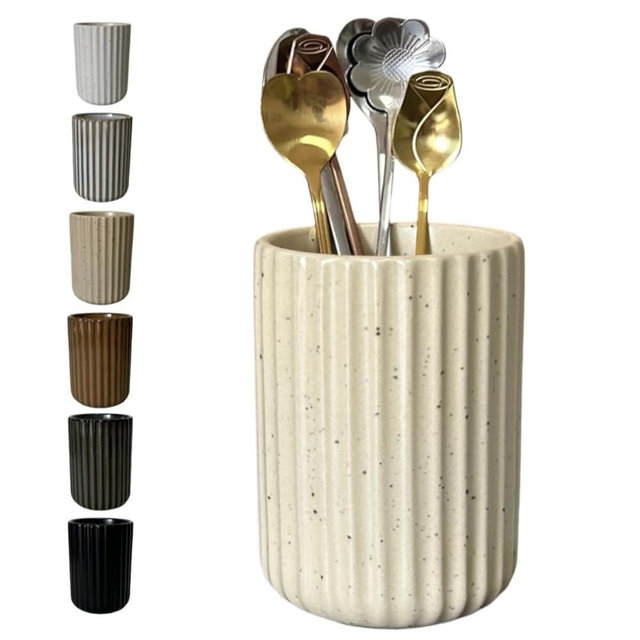 Stoneware Coffee Bar Utensil Holder Tea & Coffee Spoon & Stirrer Holder for Stir Stick Straw Teaspoon Holder Spoon Cup Small Utensil Jar Fluted Vertical Stripe (Speckled Beige)