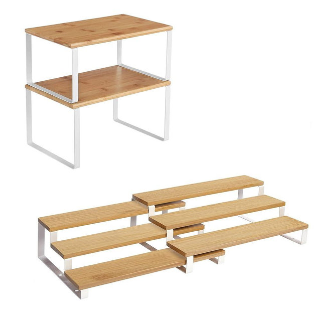 SONGMICS Bamboo Shelf Organizers and Spice Racks Bundle, 2 Sets of 2 Cabinet Organizers, for Kitchen Organization, Natural and White UKCS02NW and UKCS016N02