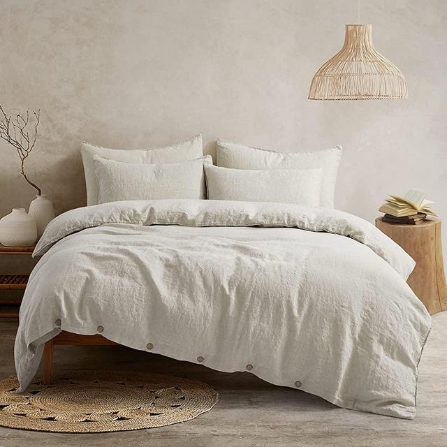 Bedding Duvet Cover Set Linen - 100% French Flax Washed Bed Sets Farmhouse Comforter Cover Set (1 Duvet Cover and 2 Pillow Shams) Queen Size Natural