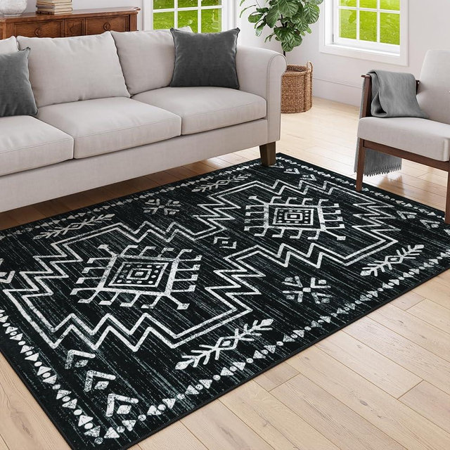 Lahome 5x7 Black Aztec Rug for Bedroom, Moroccan Washable Soft Rugs for Living Room, Stain Resistant Dining Room Rug for Under Table, Low Pile Distressed Rug for Home Decor (Black, 5'x7')