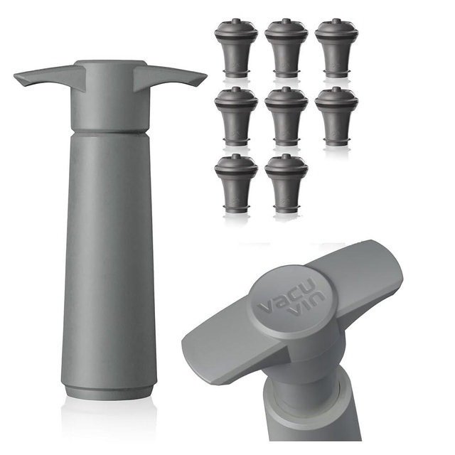 Vacu Vin Wine Saver Pump Gray with Vacuum Wine Stopper - Keep Your Wine Fresh for up to 10 Days - 1 Pump 8 Stoppers - Reusable - Made in the Netherlands