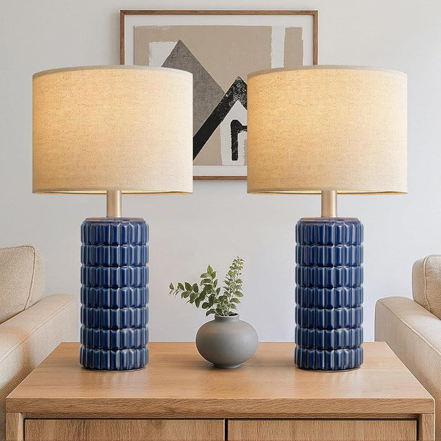 23" Modern Ceramic Table Lamps Set of 2 - Table Lamps for Living room, Farmhouse Bedside Night Stands Lamp for Bedroom, White Boho Nightstand Lamps Set of 2, Desk Lamp for End Table Home Decor(Blue)