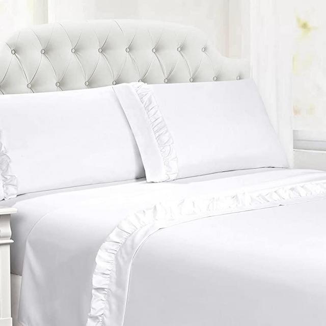 Swift Home Ultra-Soft Elegant 2-inch Ruffled Hem Design on Flat Sheet and Pillowcases, Wrinkle Resistant, Fade Resistant, Deep Pocket, Double Brushed 4-Piece Microfiber Sheet Set - King, White