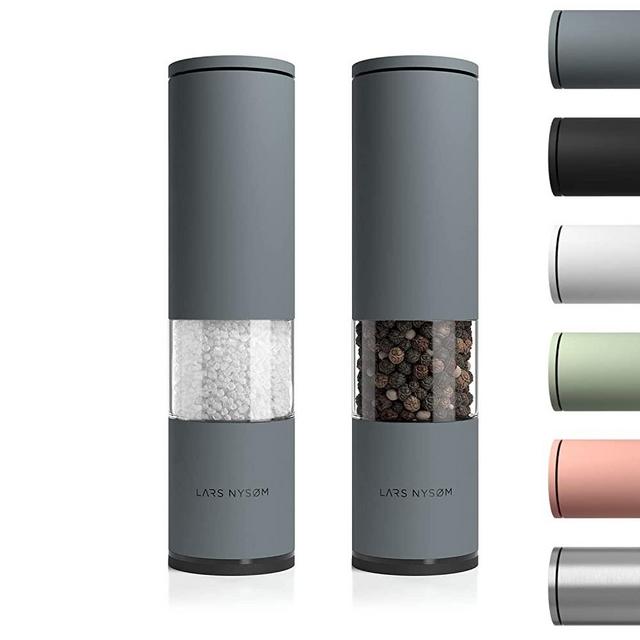 LARS NYSØM Salt and Pepper Mills Set Stainless Steel with Adjustable Ceramic Grinder 2 pieces I Design Spice Mills Set Manual (Set of 2, Cool Grey)