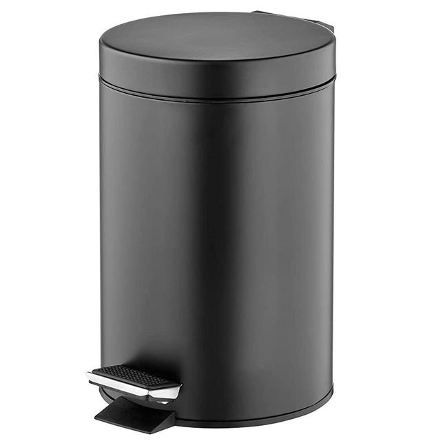 mDesign 3 Liter Round Small Metal Step Trash Can Wastebasket, Garbage Container Bin - for Bathroom, Powder Room, Bedroom, Kitchen, Craft Room, Office - Removable Liner Bucket - Black