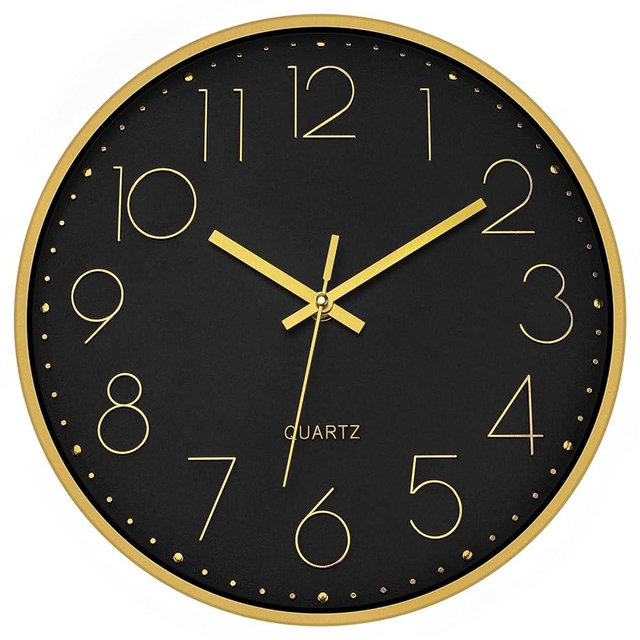 Foxtop Black Gold Wall Clock 12 Inch Silent Non-Ticking Battery Operated Round Quartz Modern Wall Clock for Living Room Kitchen Bedroom Home Office School Decor