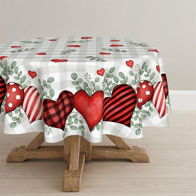 Horaldaily Valentine's Day Tablecloth 60×60 Inch Round, Buffalo Plaid Red Love Hearts Washable Table Cover for Party Picnic Dinner Decor