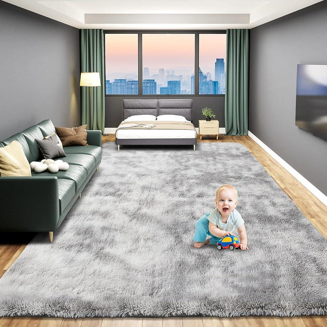 Large 9x12 Rugs for Living Room, Luxury Fluffy Shag Fuzzy Plush Soft Modern Area Rugs, Big Thick Soft Nursery Rug, Anti-Skid Fluffy Indoor Carpet for Kids Room Home Decor, Tie-Dyed Light Grey