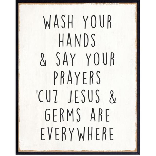 Christian Kids Wall Art for Bathroom - funny Christian Wall Art Bathroom - Bathroom Pictures Wall Decor - Wash Your Hands Fun Bathroom Decor - Christian Decor - Religious Decor - Rustic Bathroom Signs