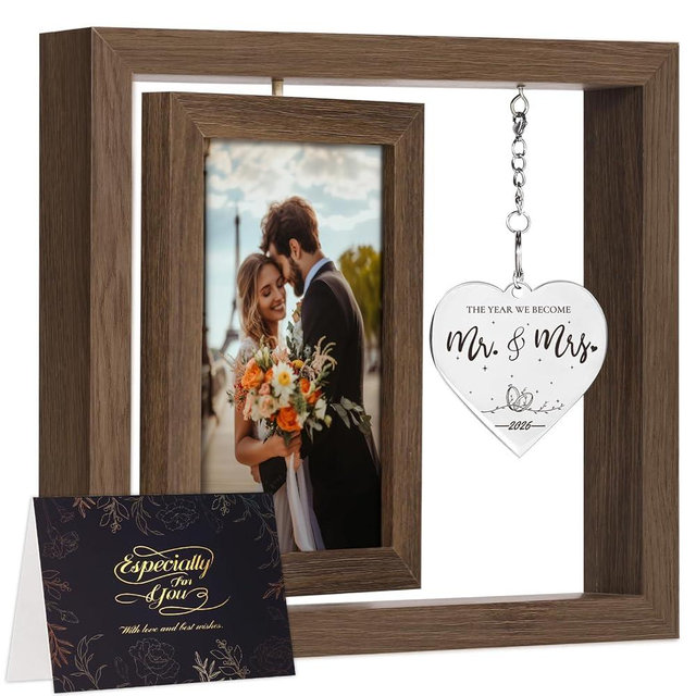 PIKPEOD Rotating Wedding 2026 Picture Frame 4x6 - Bridal Shower & Engagement Gifts for Couples & Newlyweds - Mr & Mrs Personalized Gifts (brown)