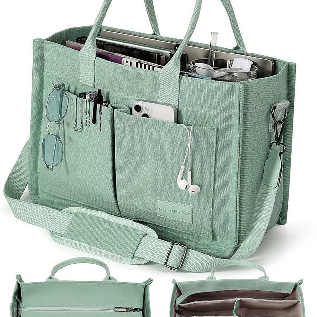 FIORETTO Canvas Tote Bag for Women with Zipper Closure & Individual Compartments for Work College for Teacher & Nurse