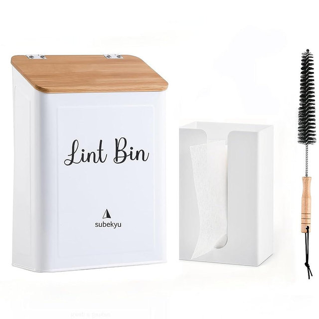 SUBEKYU Magnetic Lint Bin with Bamboo Lid and Dryer Sheet Holder Set for Laundry Room, Metal Lint Trash Can with Lid and Lint Box Magnetic for Mounting on Dryer,Wall Mount Lint Bin for Laundry Room