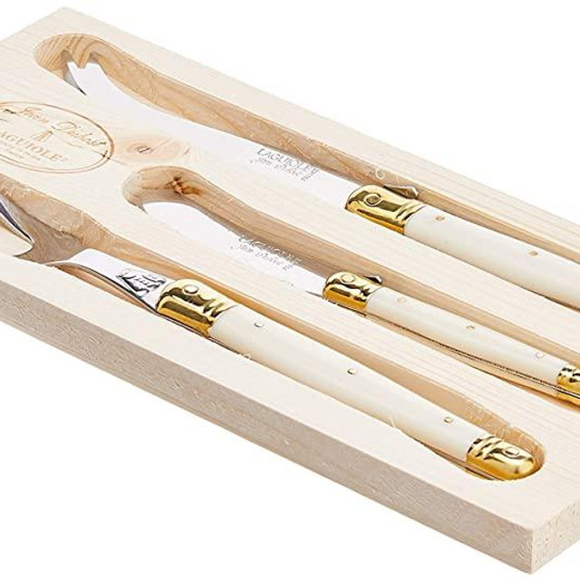 Jean Dubost 3-Piece Cheese Knives Set in Box, Ivory