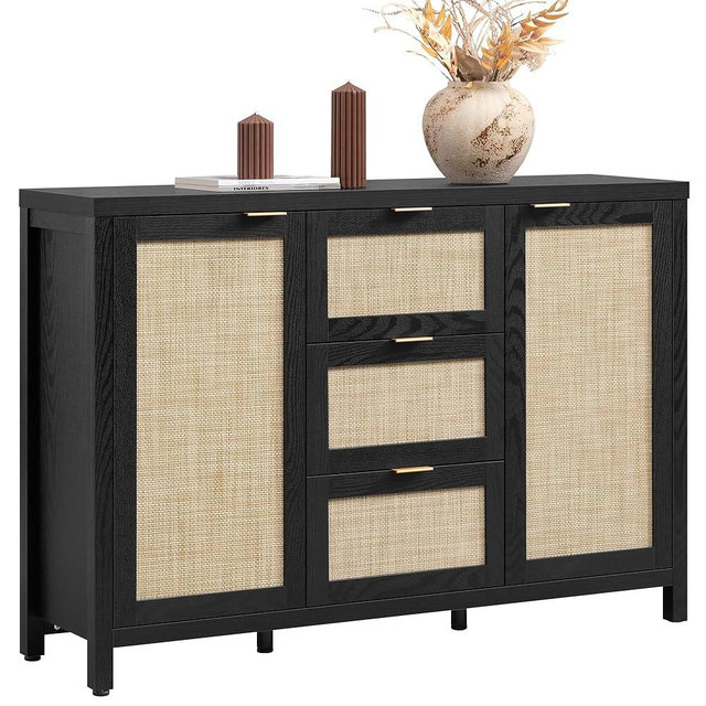SICOTAS Rattan Sideboard Buffet Coffee Bar Cabinet with Storage - 52" Larger Farmhouse Credenza Storage Cabinet with 3 Drawers and 2 Doors, Boho Console Table for Living Room, Kitchen, Black Oak
