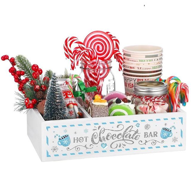 Geetery Christmas Hot Cocoa Bar Wood Station Organizer Countertop with 4 Compartment Cocoa Decorative Storage Bins Vintage Open Holder Box for Xmas Holiday Gift Party Home Supplies(White)