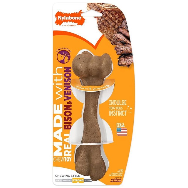 Nylabone Strong Chew Femur Bone Dog Toy Made with Real Bison & Venison, Durable Chew Toys for Aggressive Chewers, Long Lasting Dog Bone, Keeps Dogs Busy, Large Breeds - Up to 50 lbs
