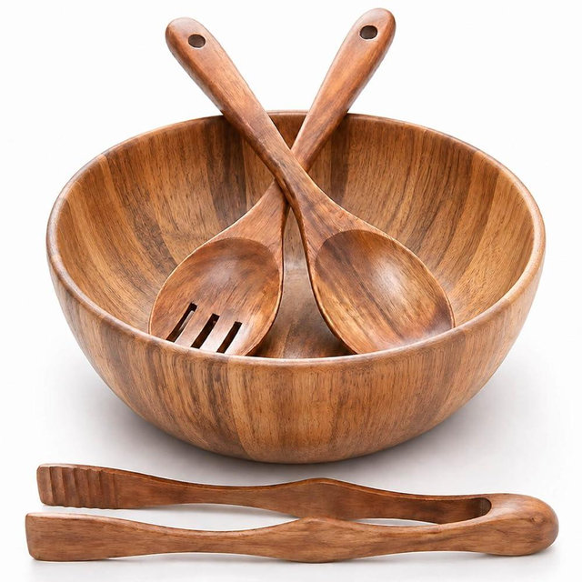 FleExplore Acacia Wooden Salad Bowl Set (4Pcs),Wood Bowls Decorative With Wooden Spoons For Cooking,Forks, And Tongs.kitchen aid wooden bowl,Salad mixing bowl,Fruit Bowl For Housewarming Gift,Wedding