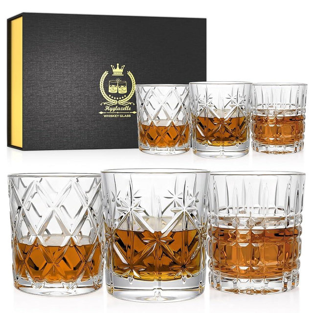 Hyglazelle Whiskey Glasses Set of 6, 11oz Old Fashioned Whiskey Glasses Gift for Scotch Cognac Vodka Liquor Cocktails Rum - Rocks Glasses Men Gift(Mixed)